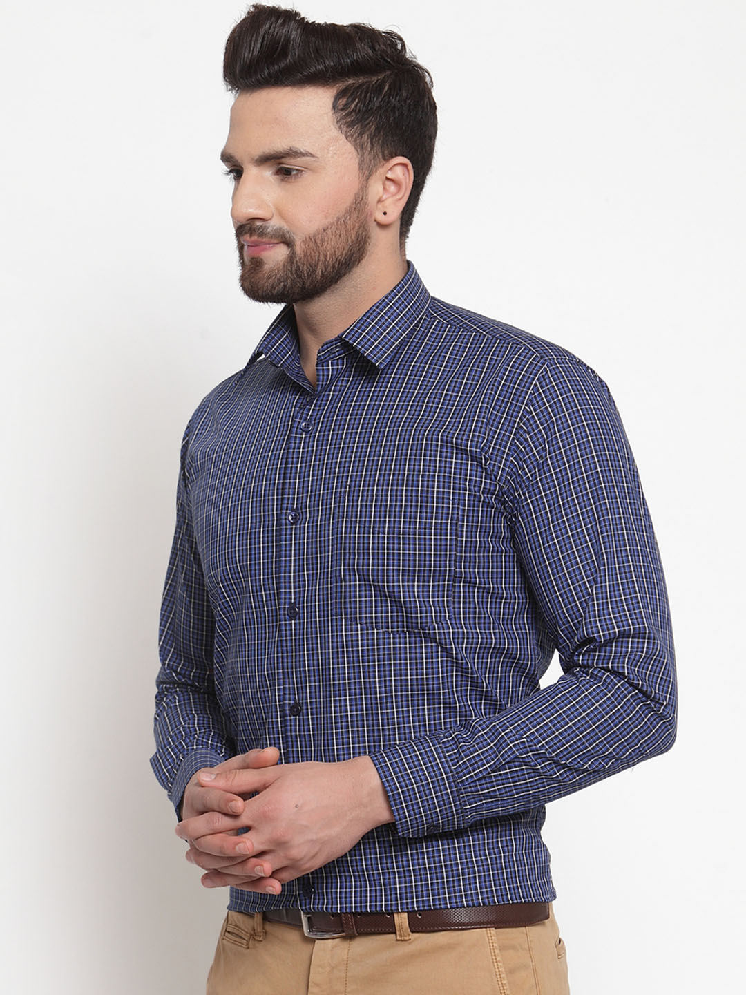 Men Navy Pure Cotton Checked Slim Fit Formal Shirt