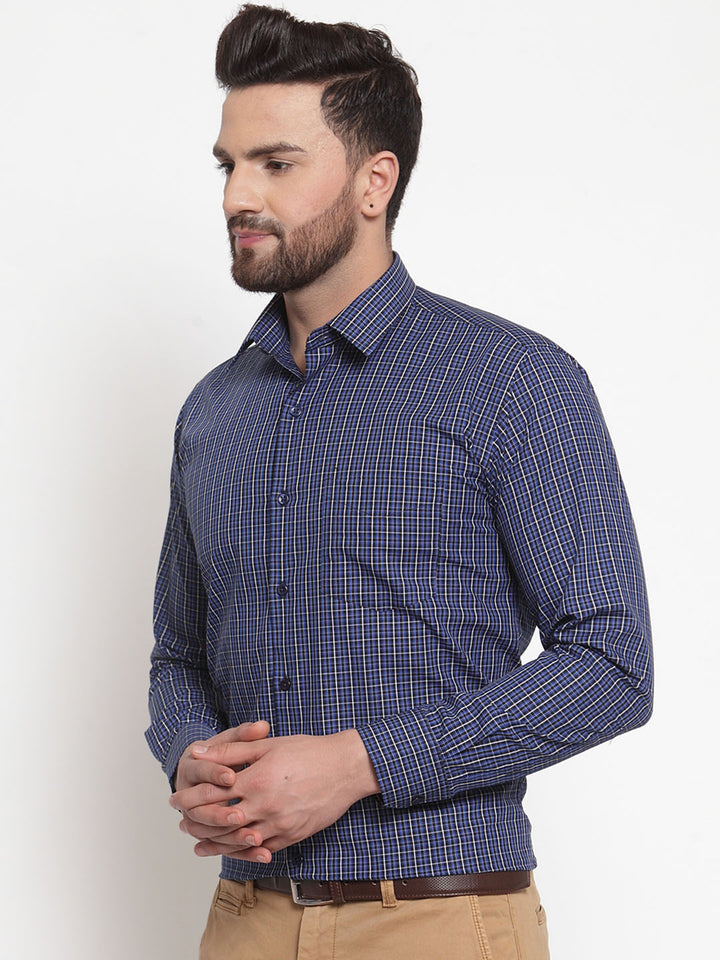 Men Navy Pure Cotton Checked Slim Fit Formal Shirt