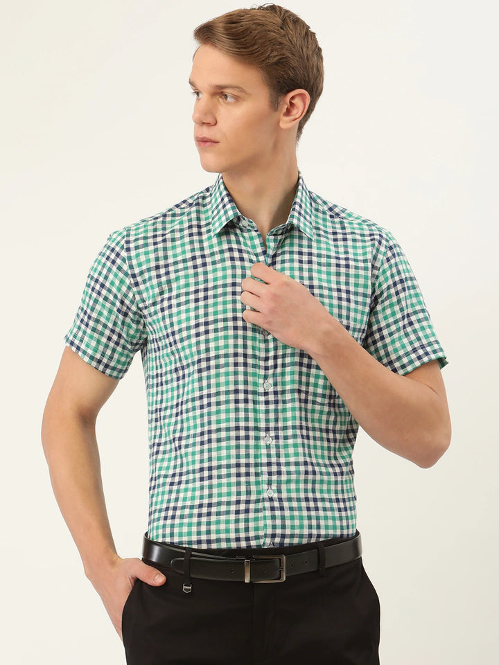 Men Green & White Stripes Pure Cotton Slim Fit Formal Shirt