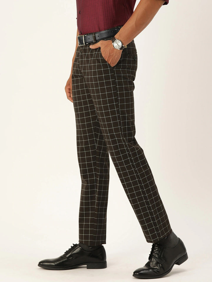 Men Brown Checks Cotton Elastene Slim Fit Formal Trouser