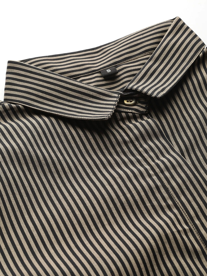 Women Black & Brown Striped Pure Cotton Slim Fit Formal Shirt