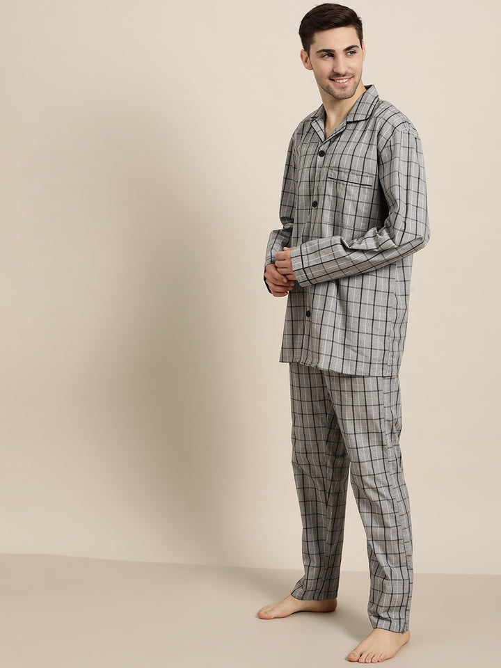 Men Grey Checks Pure Cotton Regular Fit Night Wear Night Suit