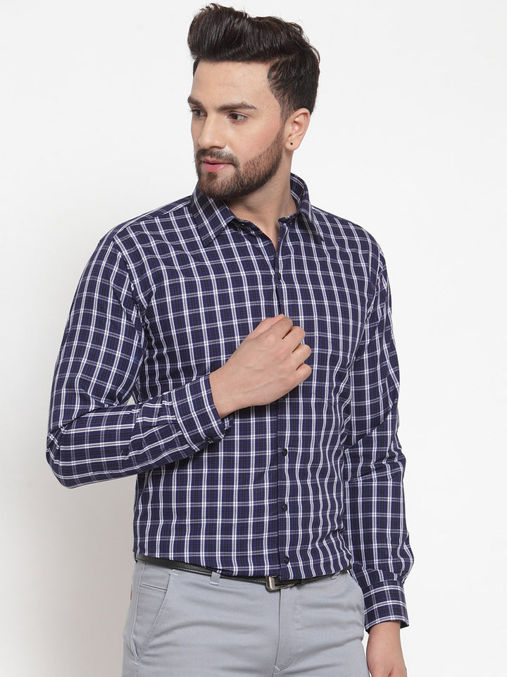 Men Navy Pure Cotton Checked Slim Fit Formal Shirt