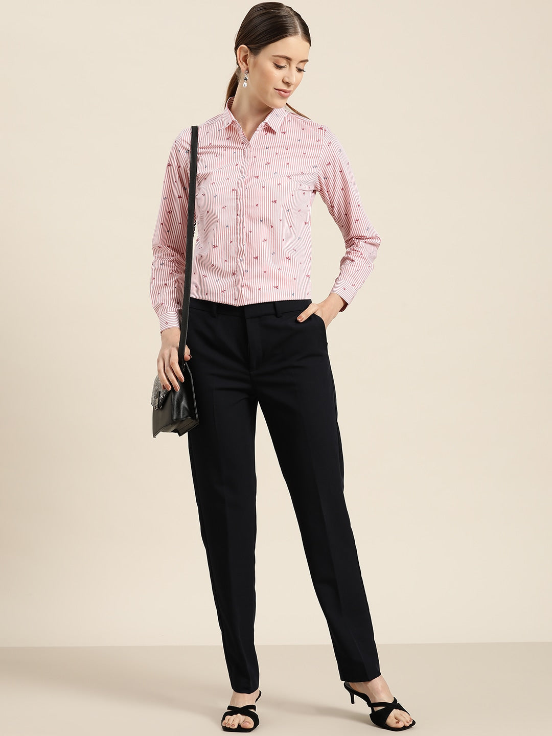 Women White & Pink Stripes Pure Cotton Slim Fit Formal Shirt