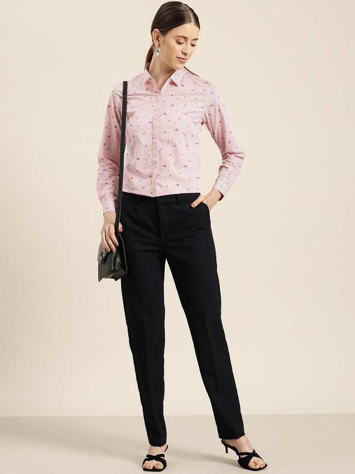 Women White & Pink Stripes Pure Cotton Slim Fit Formal Shirt
