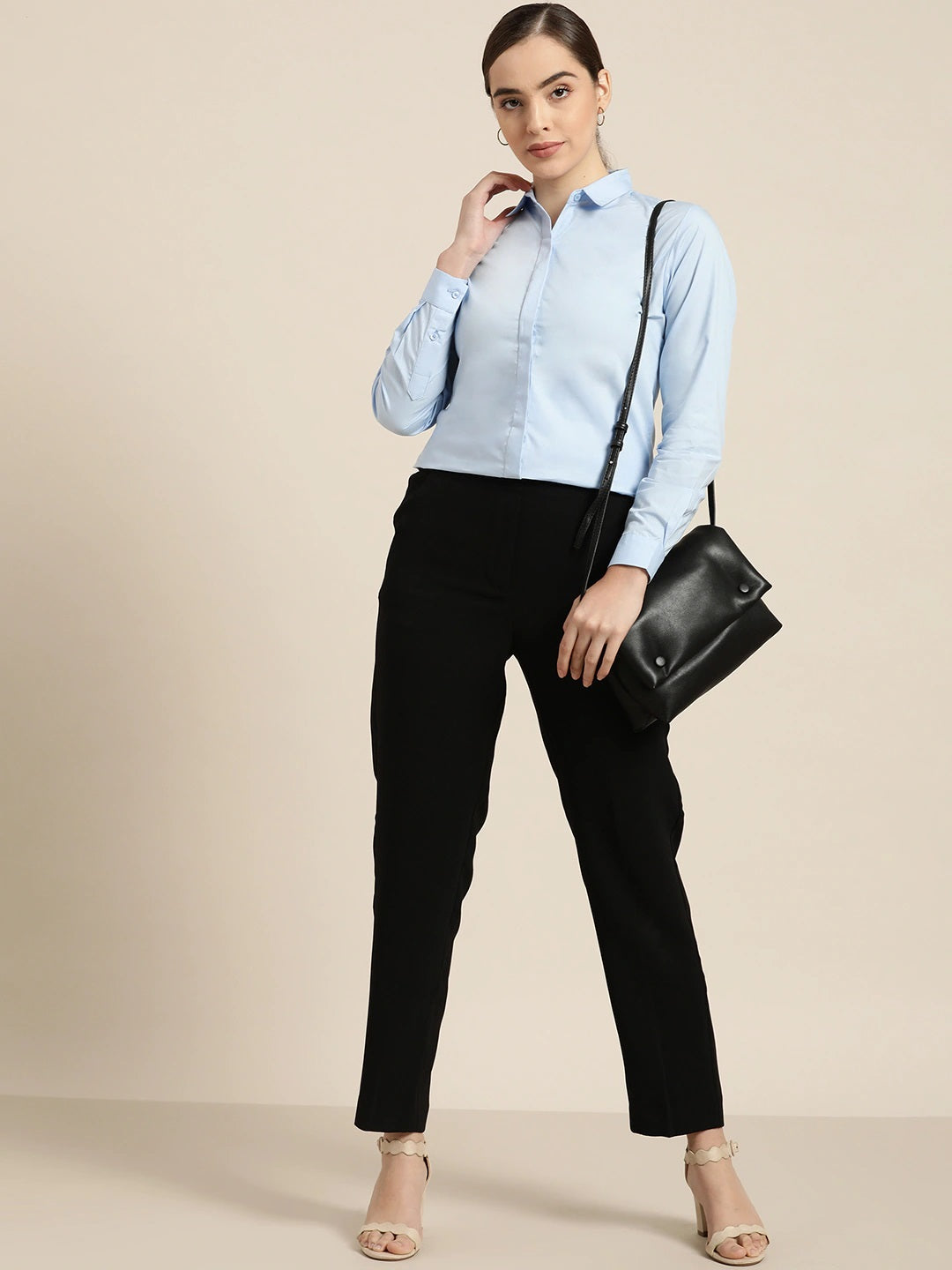 Women Sky Blue Solid Pure Cotton Slim Fit Formal Shirt