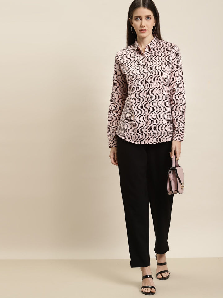 Women Pink & Black Prints Pure Cotton Slim Fit Formal Shirt