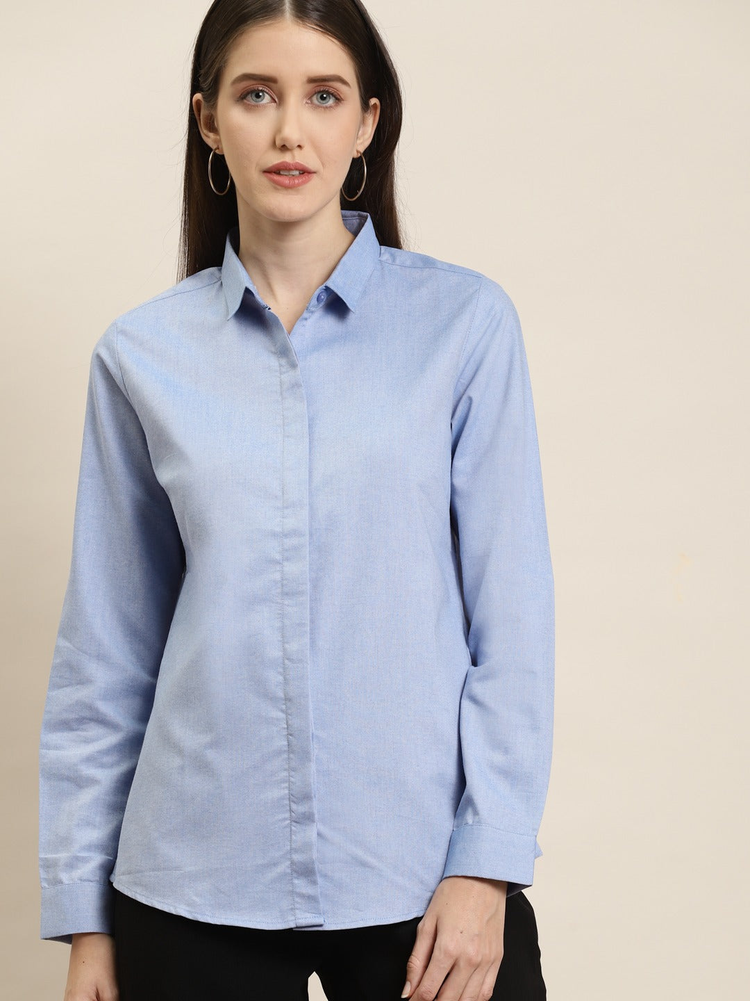 Women Sky Blue Solid Chambray Cotton Rich Slim Fit Formal Shirt