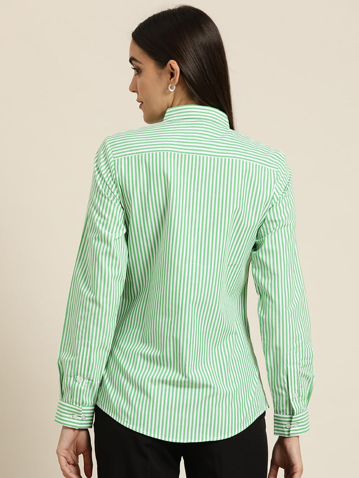 Women White & Green Candy Striped Cotton Slim Fit Formal Shirt