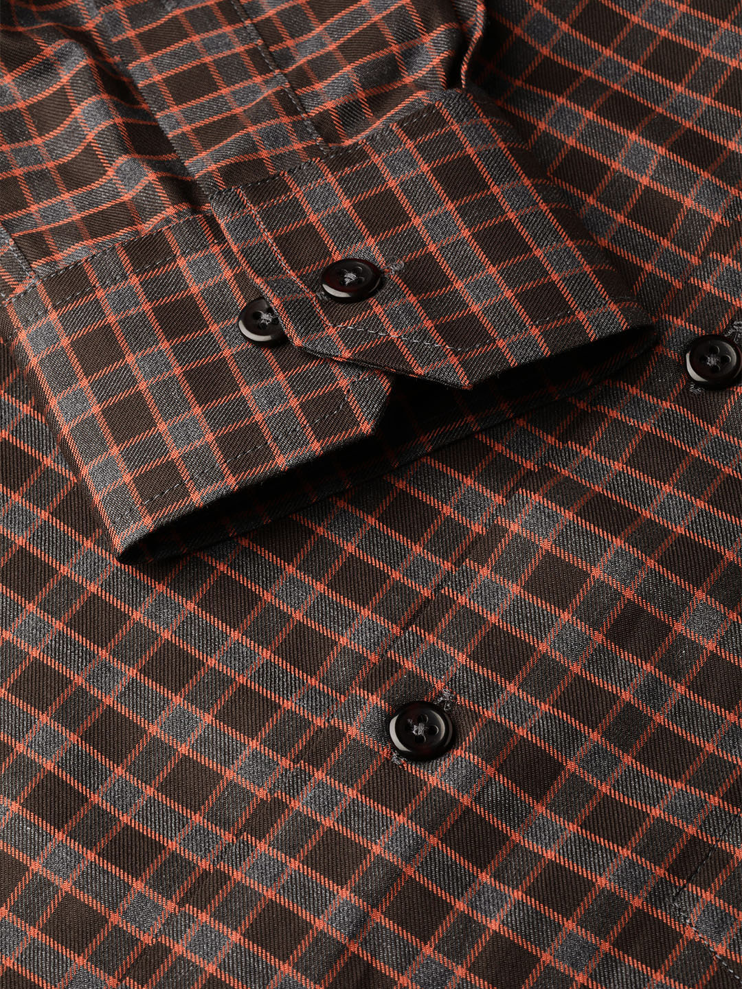 Men Charcoal & Orange Cotton Checked Slim Fit Formal Shirt