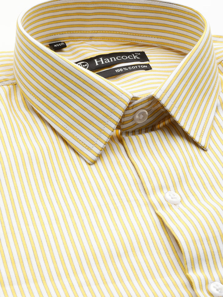 Men White & Yellow Stripes Pure Cotton Slim Fit Formal Shirt