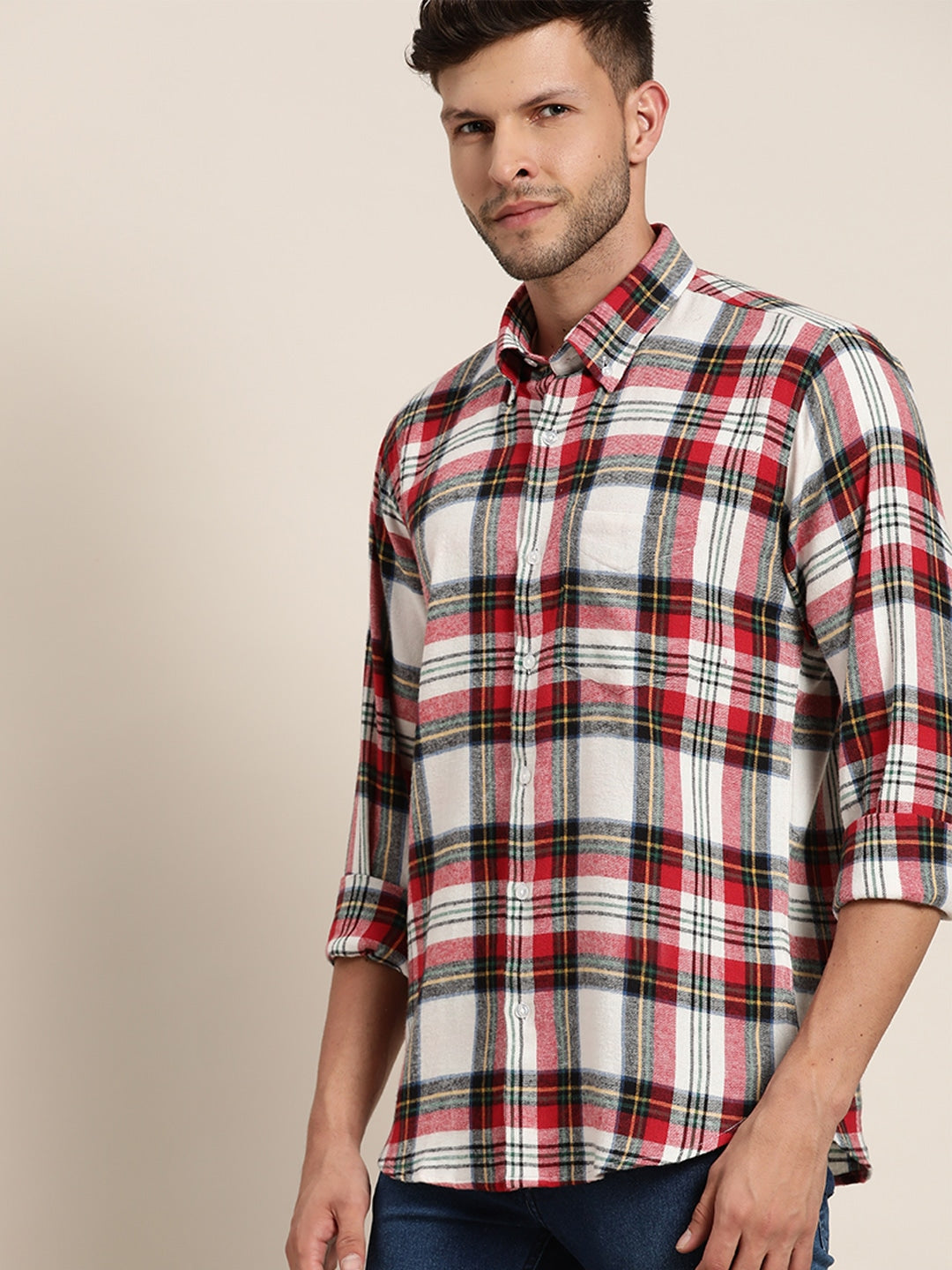 Men Red & White Checked Pure Cotton Slim Fit Casual Shirt