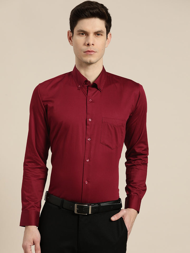 Men Maroon Solid Satin Pure Cotton Slim Fit Formal Shirt