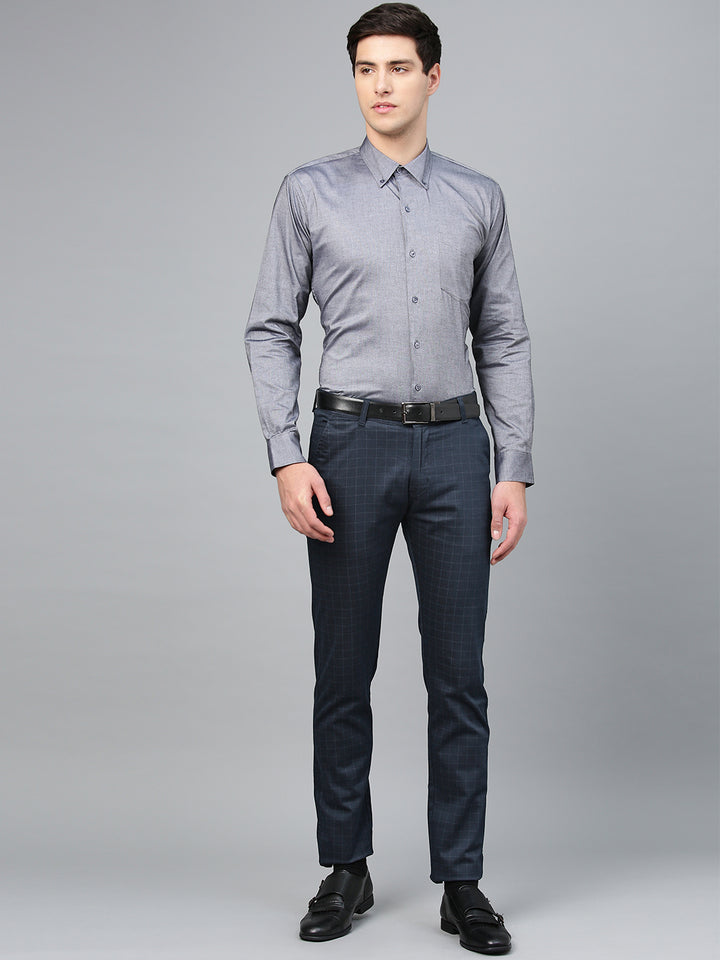 Men Navy Cotton Checked Slim Fit Casual Trouser