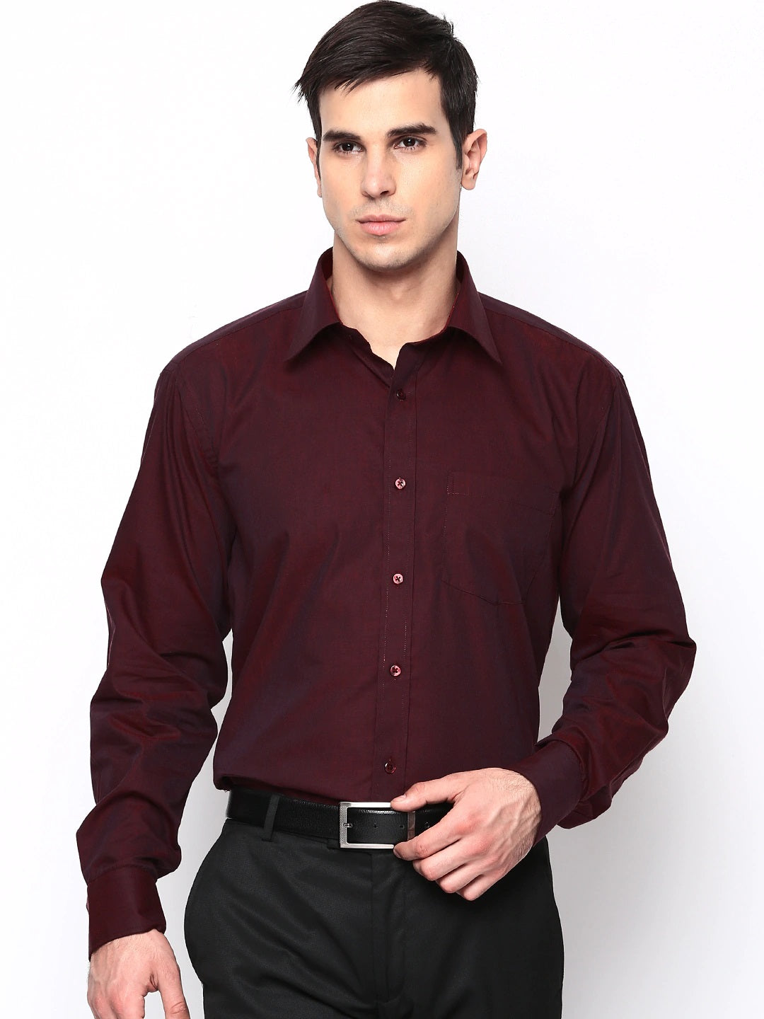 Men Maroon Solids Pure Cotton Regular Fit Formal Shirt