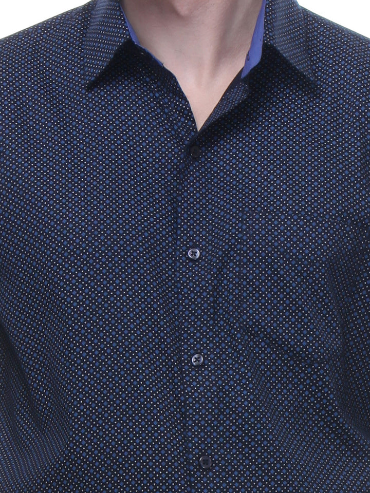 Men Navy and Blue Slim Fit Print Pure Cotton Formal Shirt