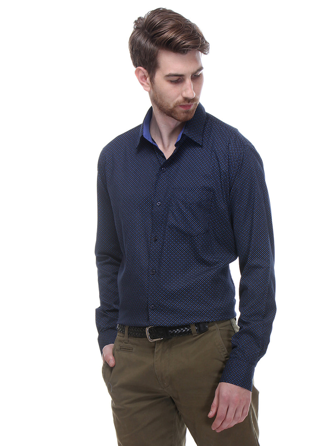 Men Navy and Blue Slim Fit Print Pure Cotton Formal Shirt