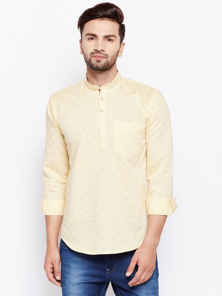 Men Yellow Linen Cotton Printed Slim Fit Kurta Formal Shirt