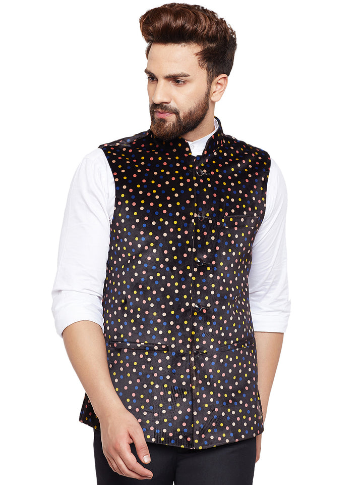 Men Black Printed Velvet Slim Fit Party Wear Nehru Jacket