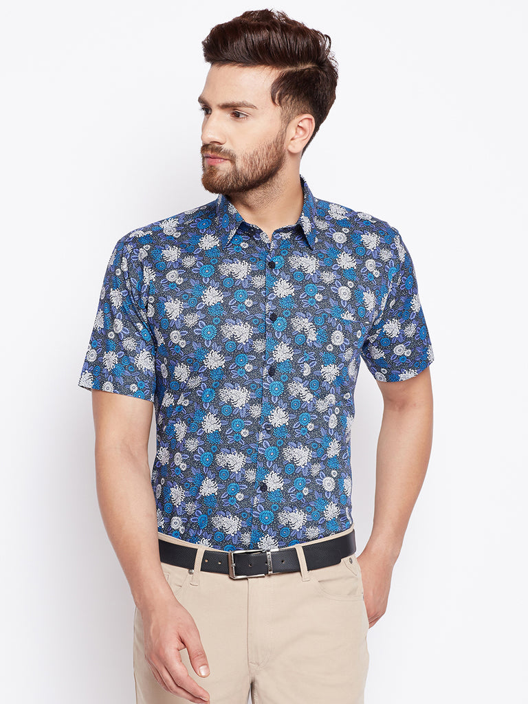 Buy CP BRO Men's Blue Printed Half Sleeve Slim Fit Cotton Round