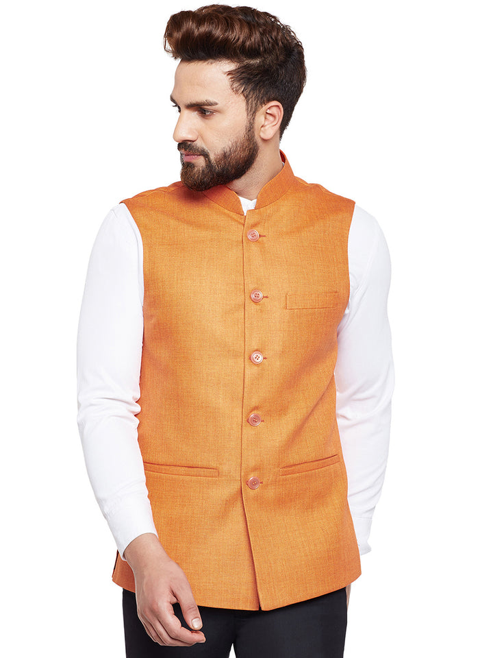 Men Orange Solid Slim Fit Formal Nehru Jacket