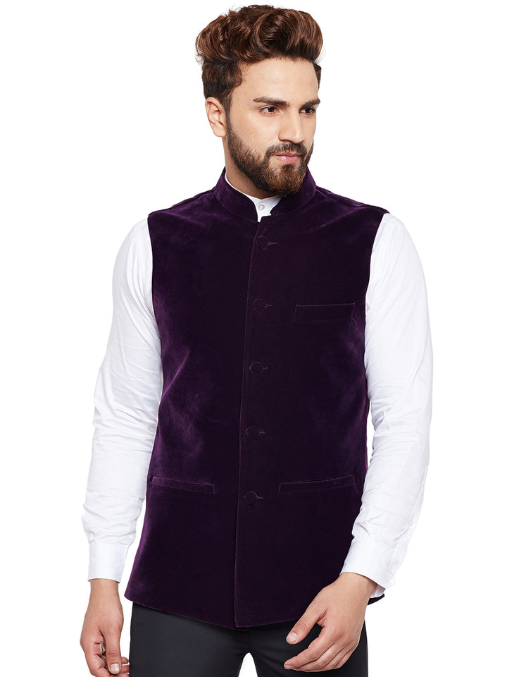 Men Wine Solid Velvet Slim Fit Party Wear Nehru Jacket