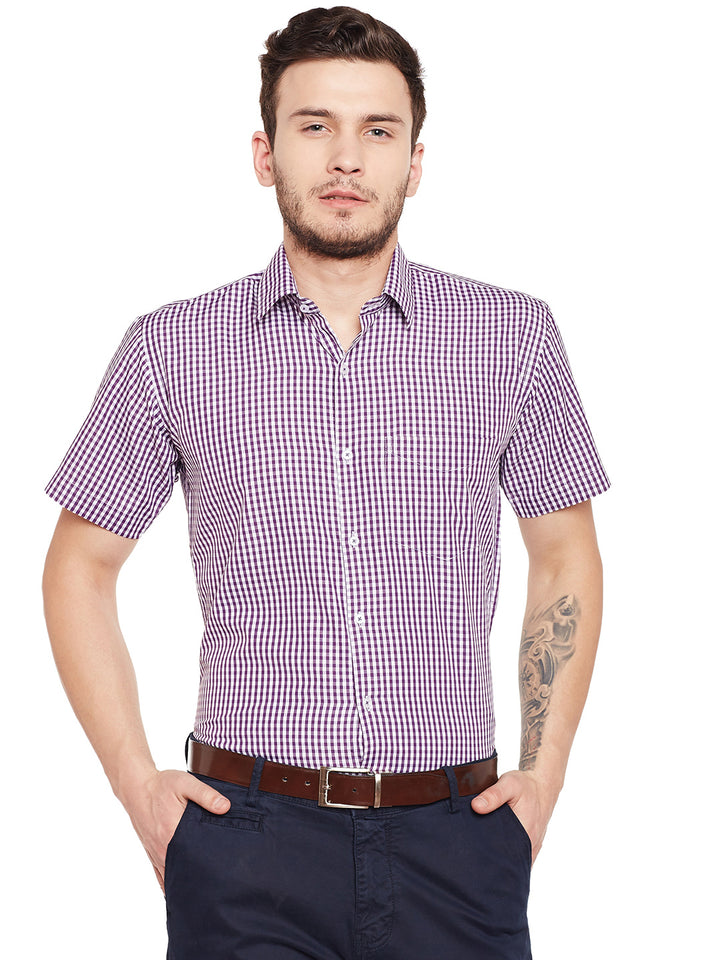 Men Purple and White Gingham Checked Slim Fit Short Sleeve Formal Shirt