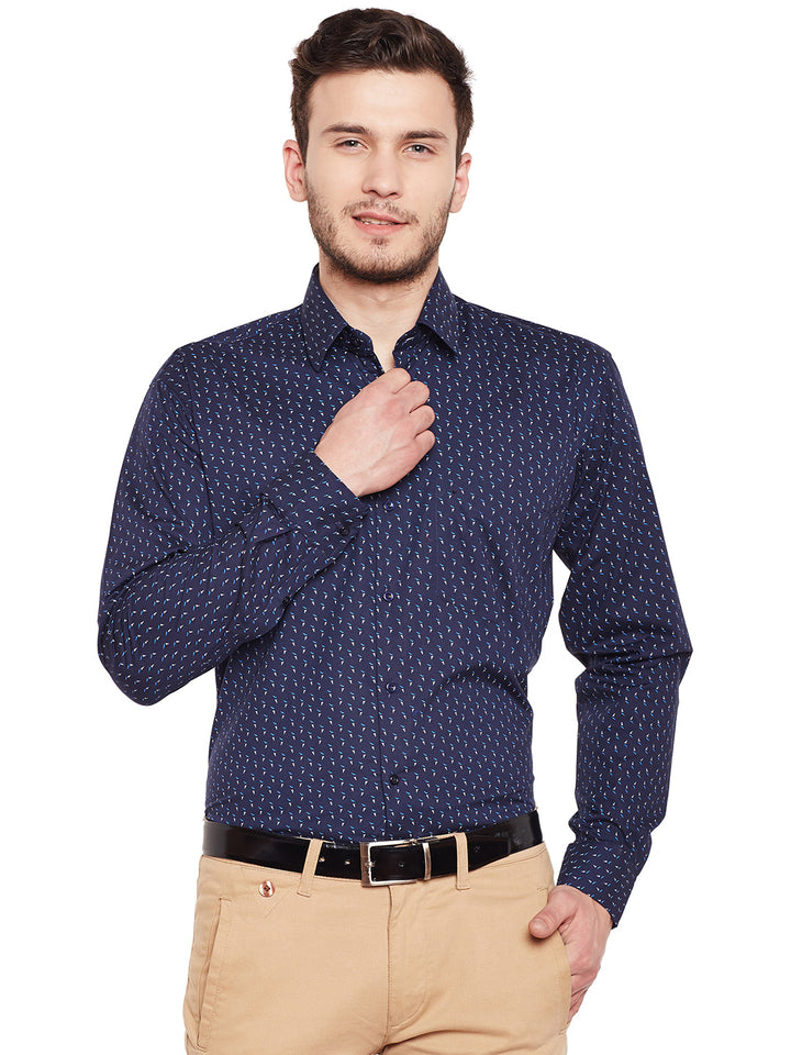 Men Navy Printed Pure Cotton Slim Fit Formal Shirt