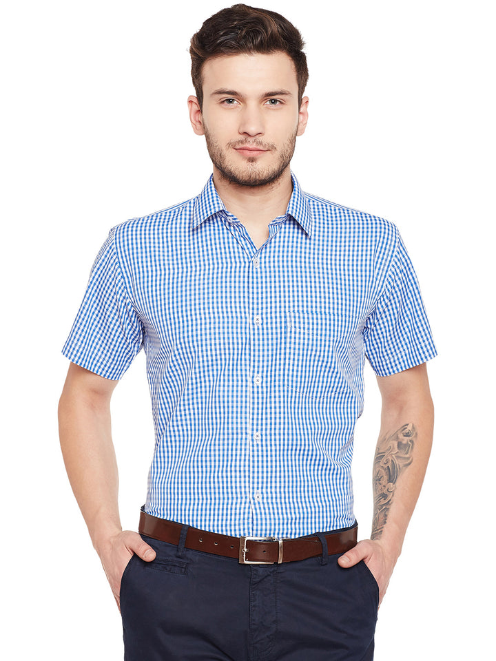 Men Blue and White Gingham Checked Slim Fit Short Sleeve Formal Shirt