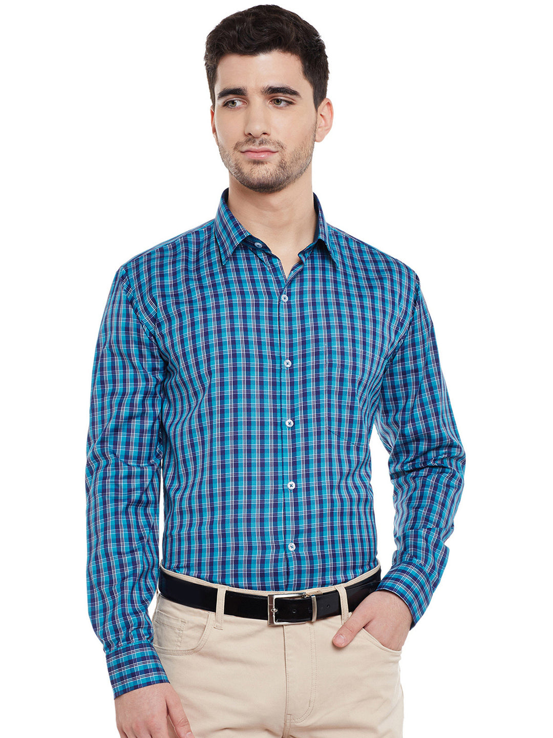 Men Navy and Green Checked Slim Fit Formal Shirt