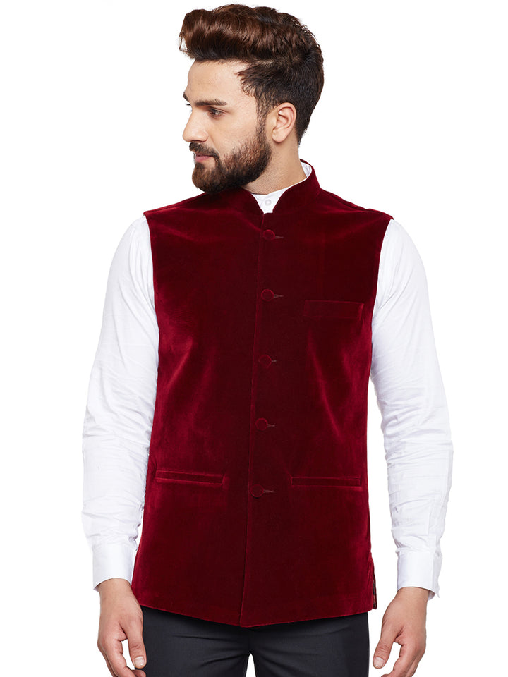 Men Maroon Solid Velvet Slim Fit Party Wear Nehru Jacket