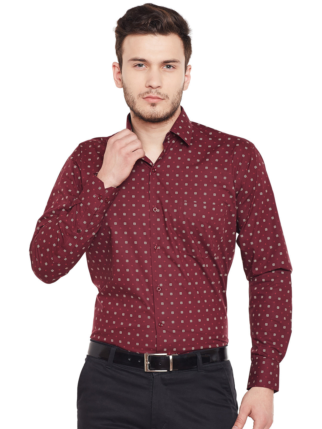Men Maroon Polka Dot Printed Velvet  Slim Fit  Nehru Jacket