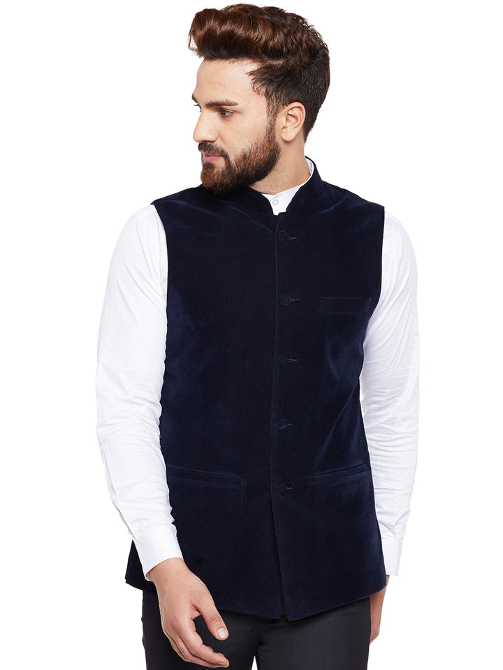 Men Navy Solid Velvet Slim Fit Party Wear Nehru Jacket
