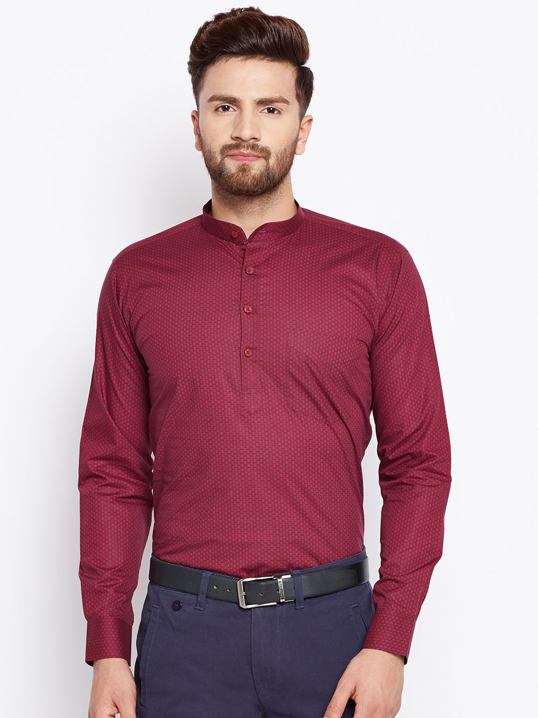 Men Maroon Printed Mandarin Collar Half Placket Pure Cotton Formal Shirt