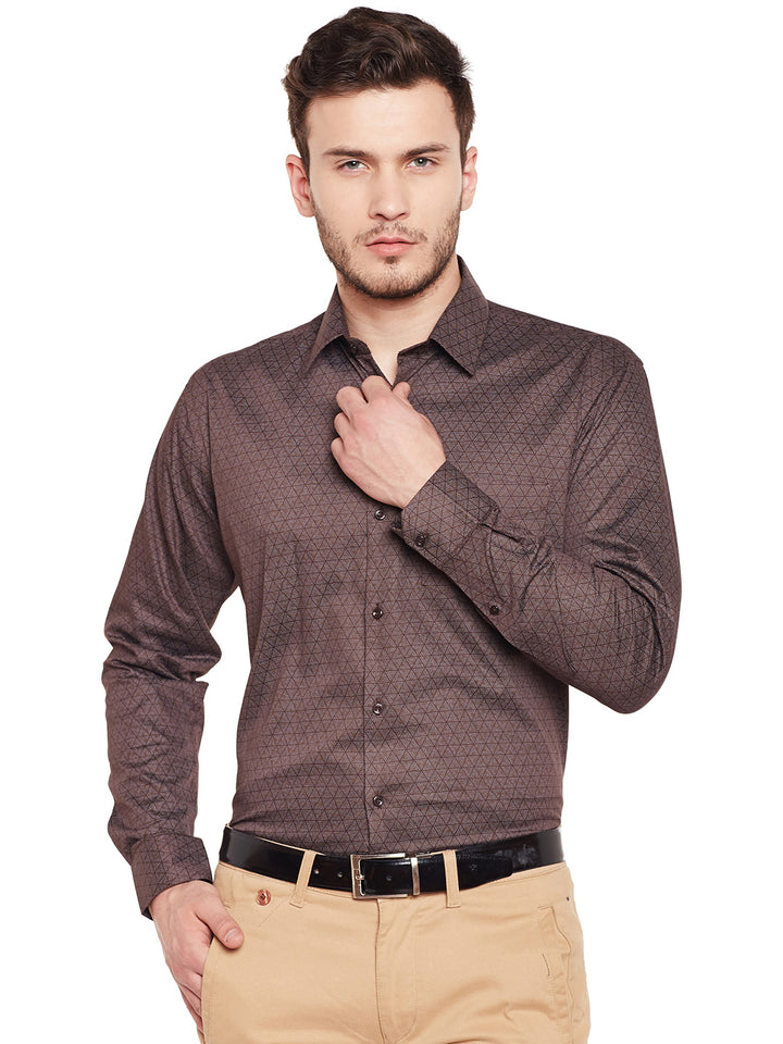 Men Brown Printed Pure Cotton Slim Fit Formal Shirt