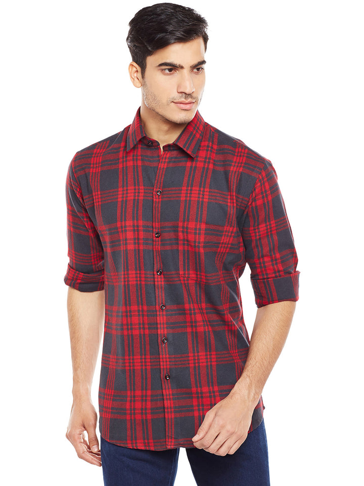 Men Red Checked Pure Cotton Slim Fit Casual Shirt