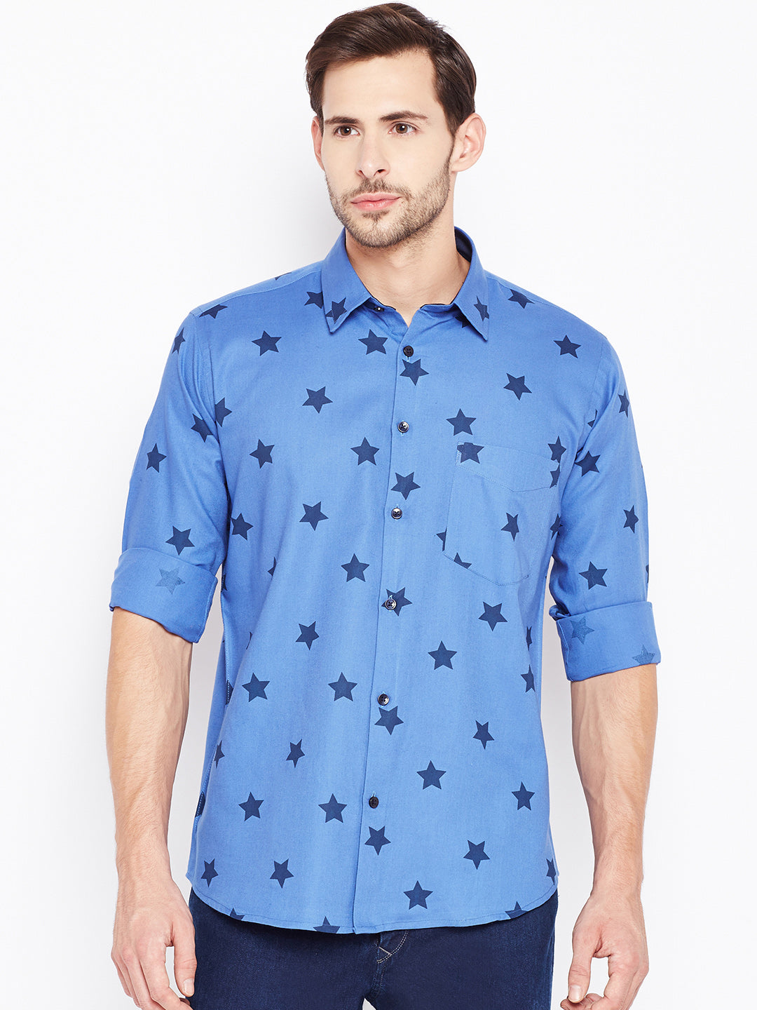 Men Blue Printed Pure Cotton Slim Fit Casual Shirt