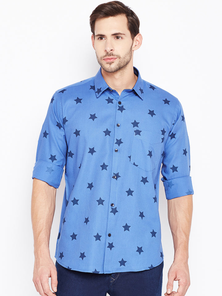 Men Blue Printed Pure Cotton Slim Fit Casual Shirt