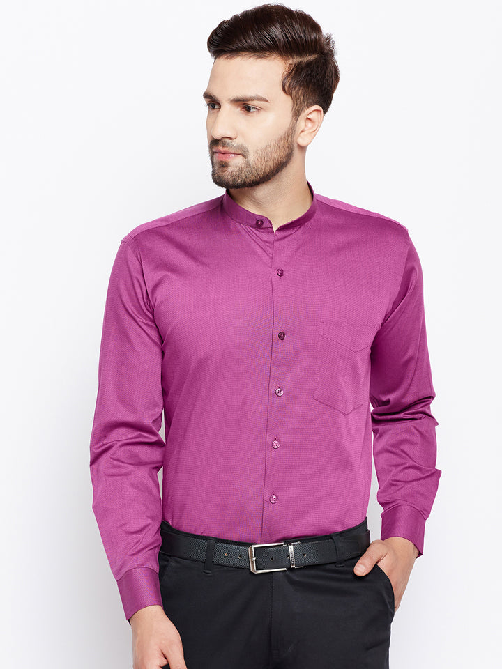 Men Purple Mandarin Collar Pure Cotton Slim Fit Solid Dobby Formal Shirt