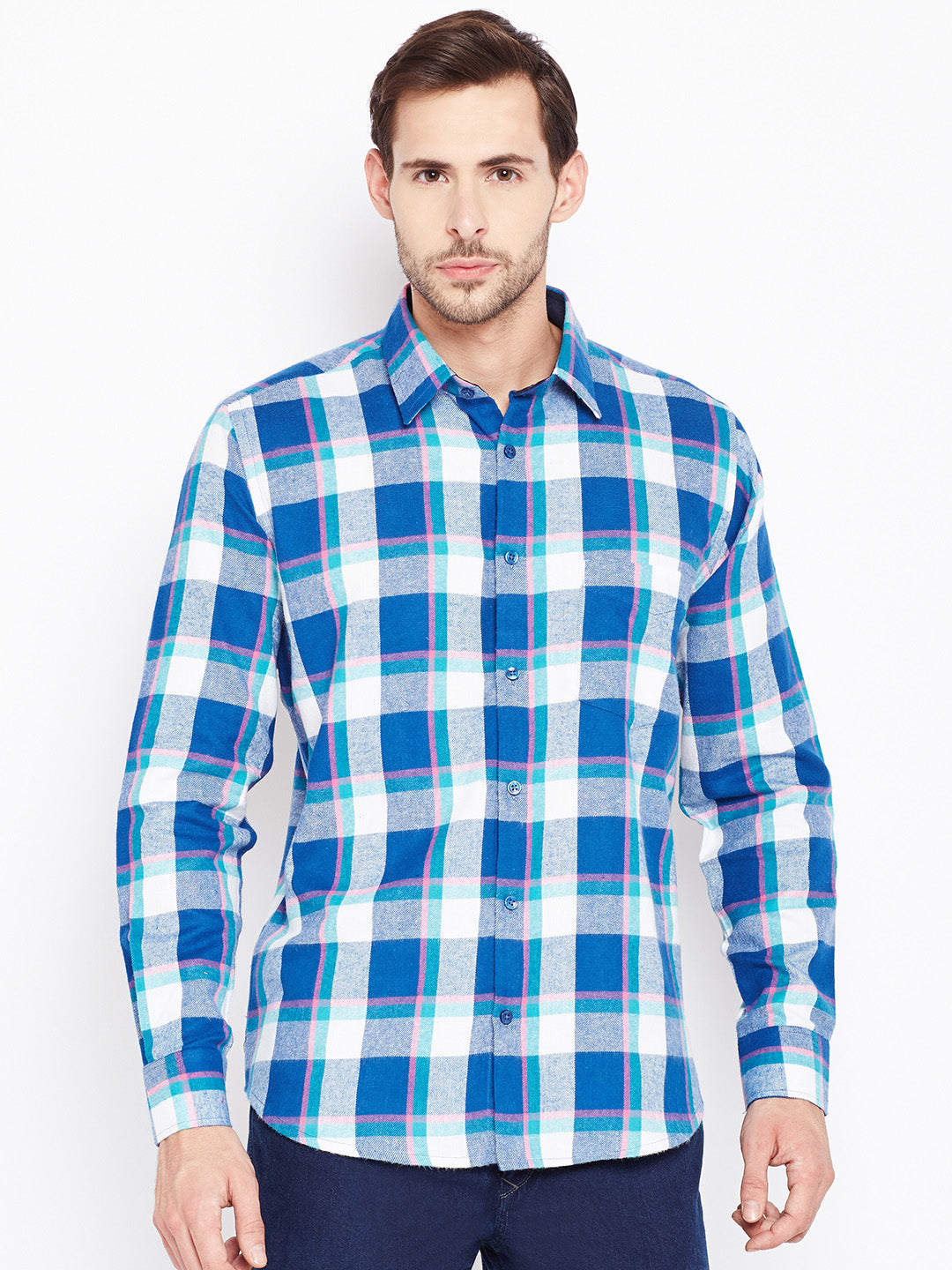 Men Blue Checked Pure Cotton Slim Fit Casual Shirt