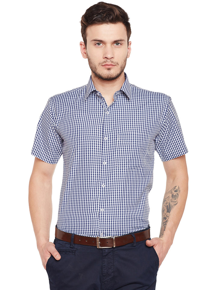 Men Navy Blue and White Gingham Checked Slim Fit Short Sleeve Formal Shirt