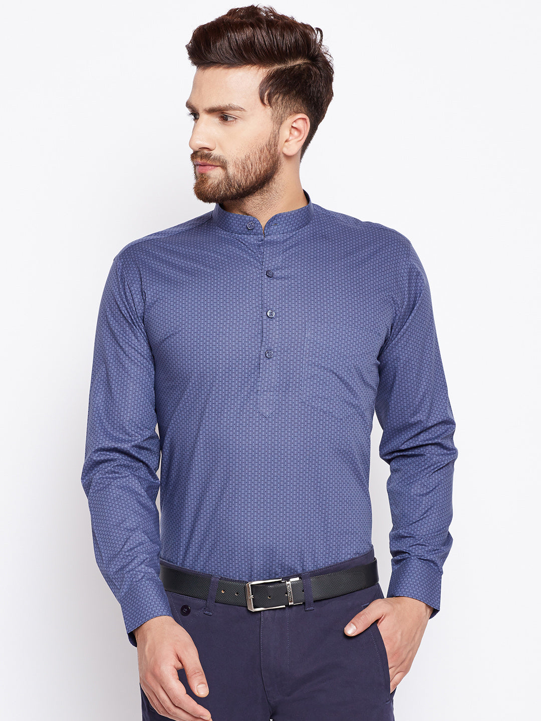 Men Mandarin Collar Printed Grey Half Placket Pure Cotton Henley Formal Shirt