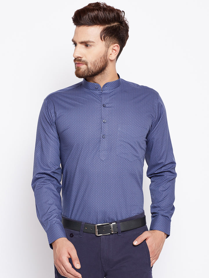 Men Mandarin Collar Printed Grey Half Placket Pure Cotton Henley Formal Shirt