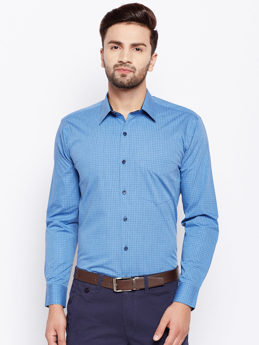 Men Turquoise Blue Checked Slim Fit Pure Cotton Formal Shirt