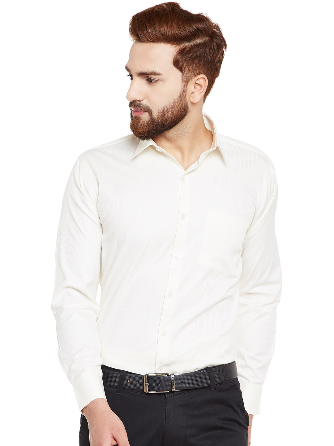 Men Cream Solid Pure Cotton Slim Fit Formal Shirt