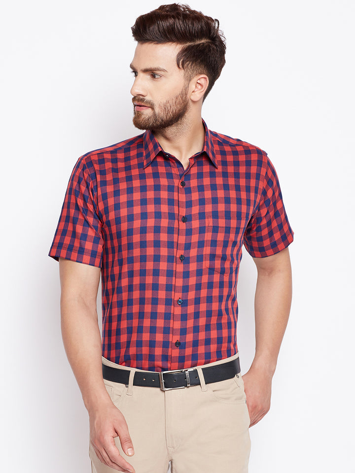 Men Navy & Red Checked Slim Fit Pure Cotton Formal Shirt