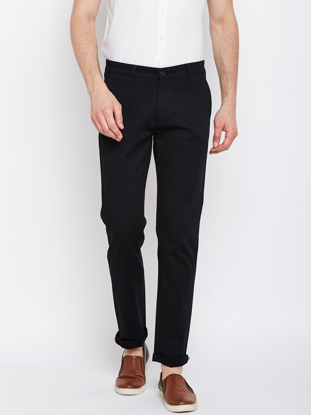 Men Black Solid Dobby Cotton Stretch Casual Trouser