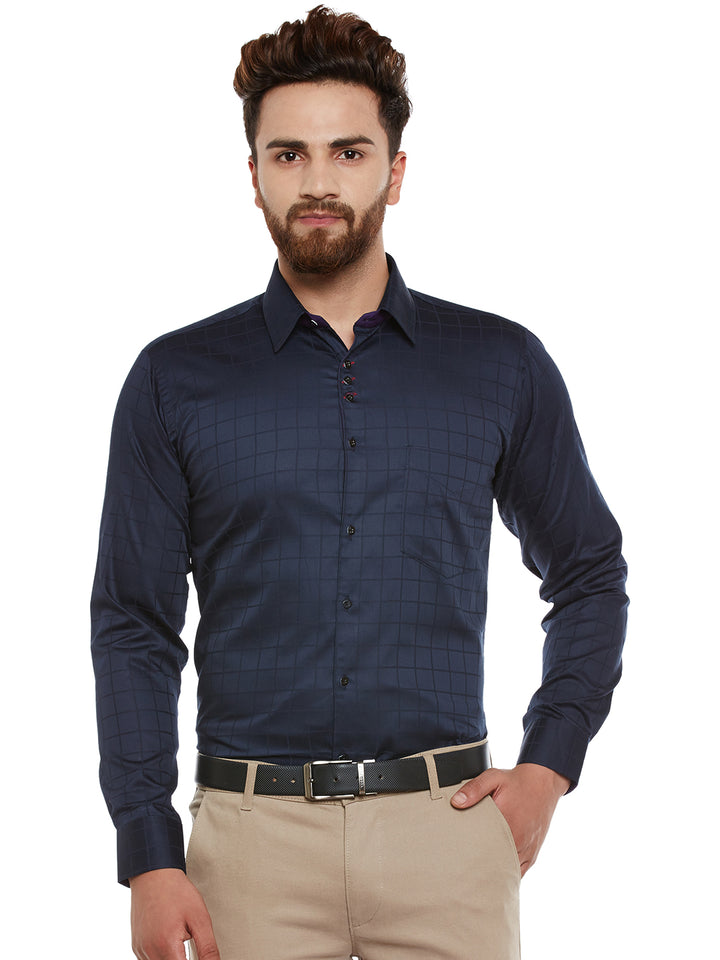 Men Navy Self Design Pure Cotton Slim Fit Formal Shirt