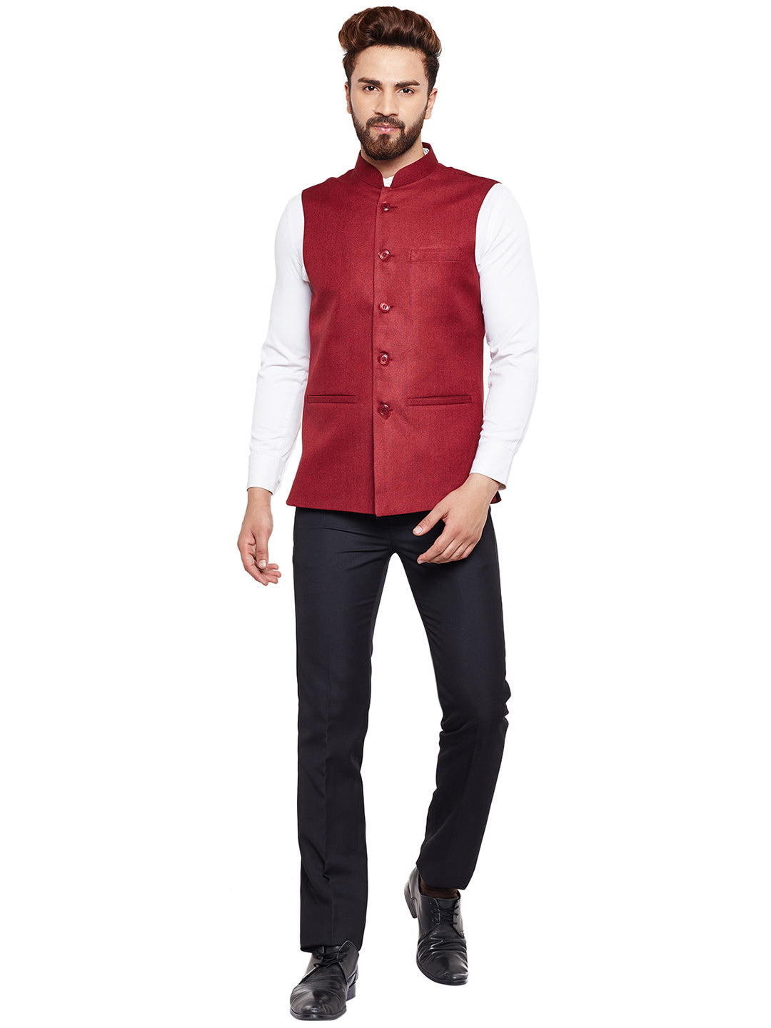 Men Maroon Solid Slim Fit Formal Nehru Jacket