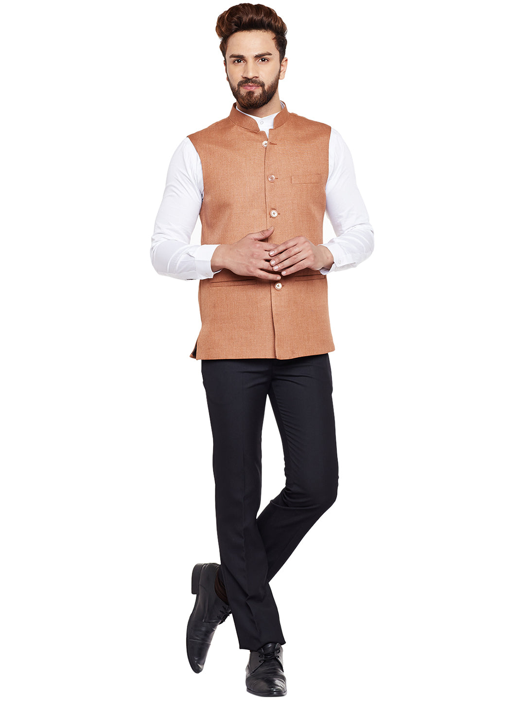 Men Brown Solid Slim Fit Formal Nehru Jacket